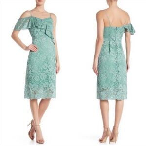 SAM EDELMAN LACE RUFFLE TRIM DRESS.  ONE SHOULDER LACE DROP SLEEVE SIZE 12 green